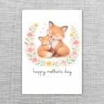 Happy Mothers Day Fox Mom And Cub Floral Wreath Illustration High Resolution Printable Card