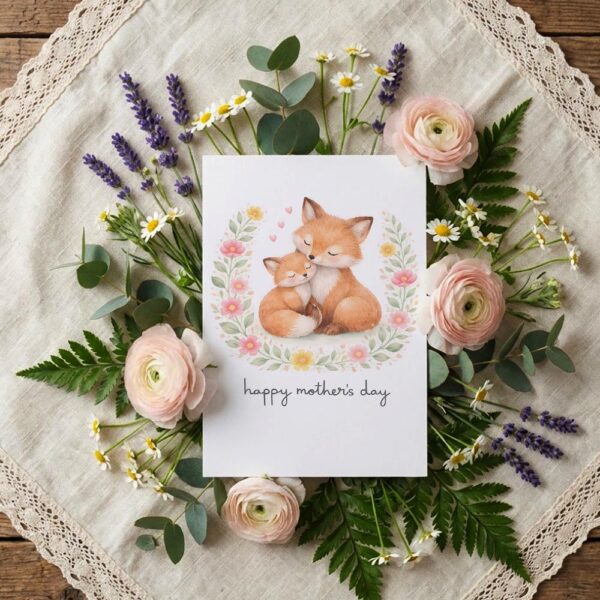Happy Mothers Day Fox Mom And Cub Floral Wreath Illustration High Resolution Printable Card