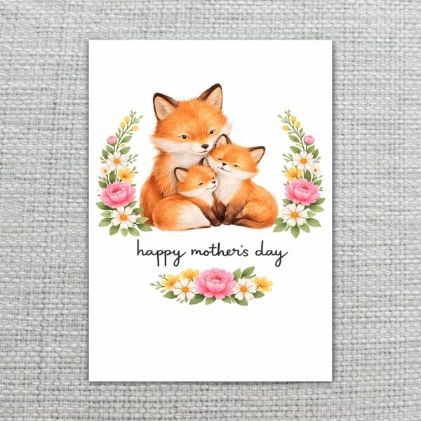Happy Mothers Day Fox Mom And Cubs Floral Wreath High Resolution Diy Card