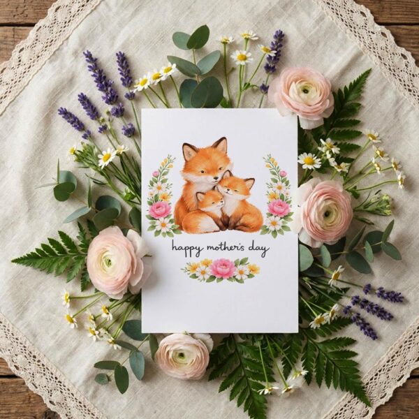 Happy Mothers Day Fox Mom And Cubs Floral Wreath High Resolution Diy Card
