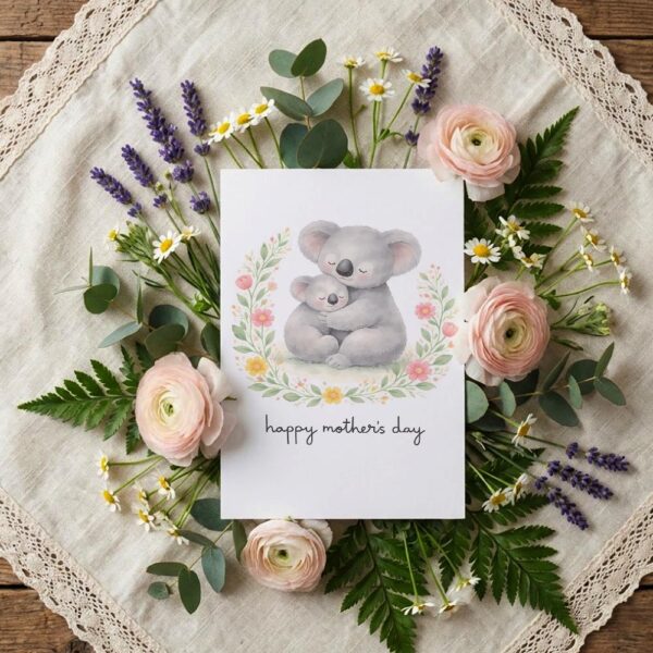 Happy Mothers Day Koala Mom And Baby Floral Wreath Quick Download Greeting Card