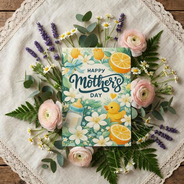 Happy Mothers Day Lemon Baby Bottle Duckling Floral Art Professional 300 Dpi Download