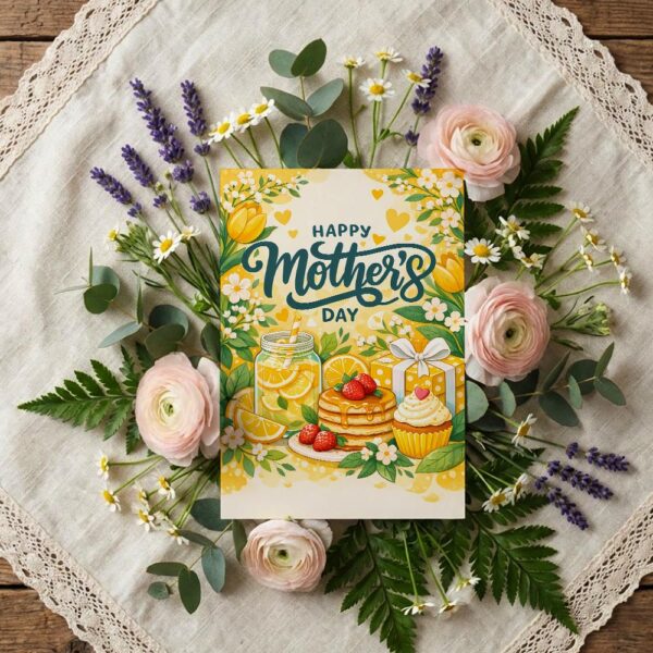 Happy Mothers Day Lemonade Pancakes Breakfast Floral Design Last Minute Digital Greeting
