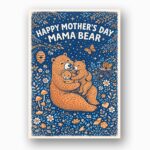 Happy Mothers Day Mama Bear Dark Blue Floral Pattern Instant Download 5X7 Greeting Template