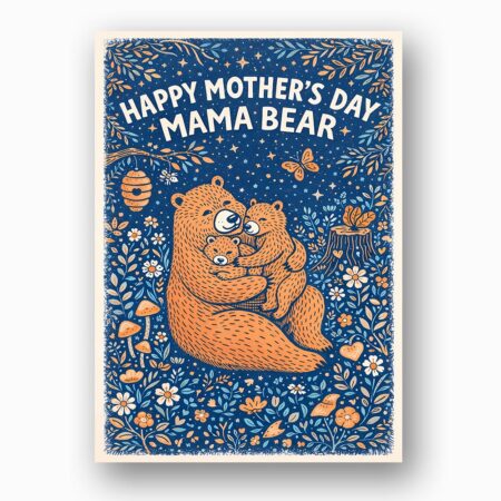 Happy Mothers Day Mama Bear Dark Blue Floral Pattern Instant Download 5X7 Greeting Template