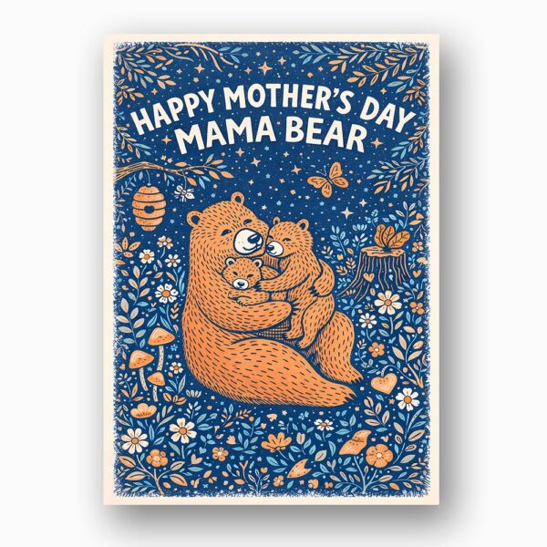 Happy Mothers Day Mama Bear Dark Blue Floral Pattern Instant Download 5X7 Greeting Template