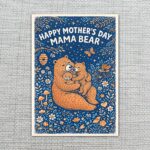 Happy Mothers Day Mama Bear Dark Blue Floral Pattern Instant Download 5X7 Greeting Template