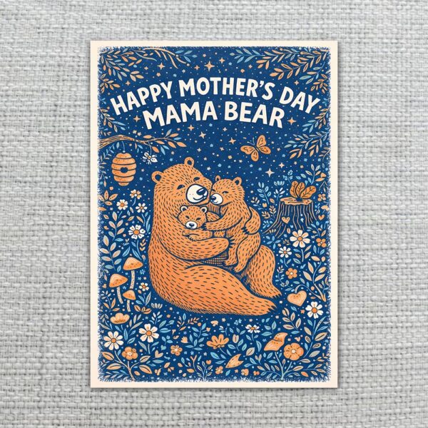 Happy Mothers Day Mama Bear Dark Blue Floral Pattern Instant Download 5X7 Greeting Template