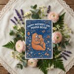 Happy Mothers Day Mama Bear Dark Blue Floral Pattern Instant Download 5X7 Greeting Template