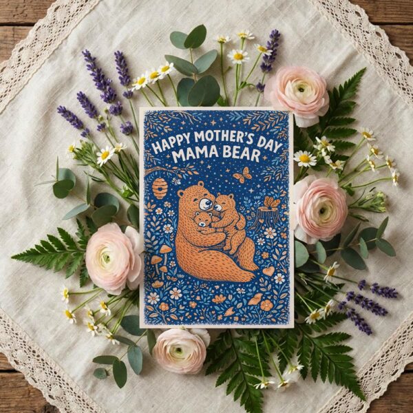 Happy Mothers Day Mama Bear Dark Blue Floral Pattern Instant Download 5X7 Greeting Template