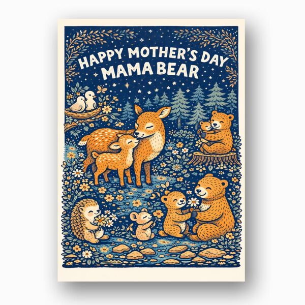 Happy Mothers Day Mama Bear Deer Hedgehog Night Scene Printable Keepsake Card