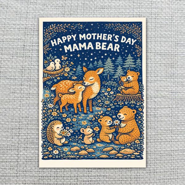 Happy Mothers Day Mama Bear Deer Hedgehog Night Scene Printable Keepsake Card
