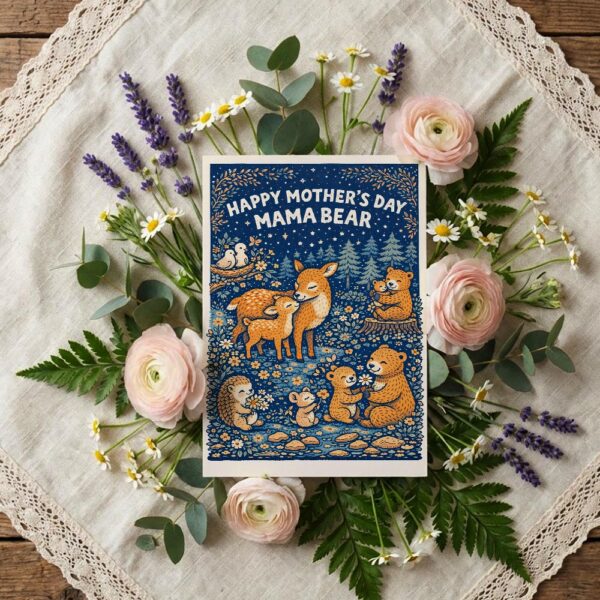 Happy Mothers Day Mama Bear Deer Hedgehog Night Scene Printable Keepsake Card