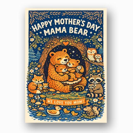 Happy Mothers Day Mama Bear Forest Friends Night Pattern Editable Digital Greeting Template