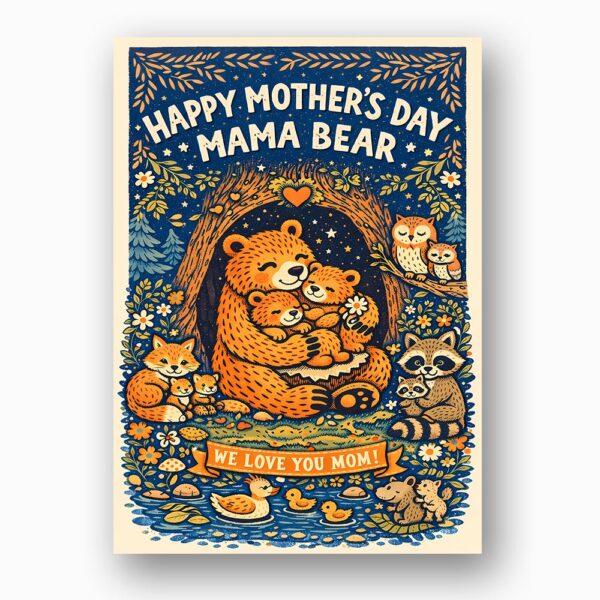 Happy Mothers Day Mama Bear Forest Friends Night Pattern Editable Digital Greeting Template