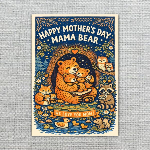 Happy Mothers Day Mama Bear Forest Friends Night Pattern Editable Digital Greeting Template