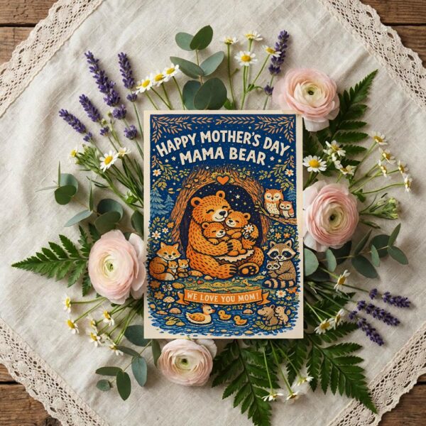 Happy Mothers Day Mama Bear Forest Friends Night Pattern Editable Digital Greeting Template