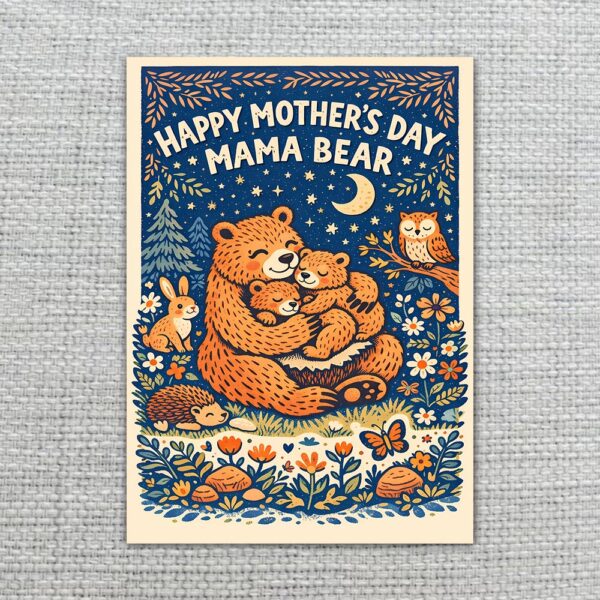 Happy Mothers Day Mama Bear Hugging Cubs Night Forest Custom Digital Greeting File