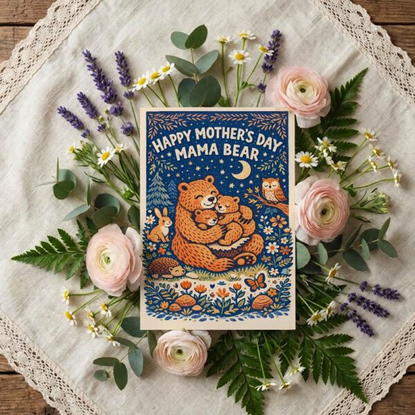 Happy Mothers Day Mama Bear Hugging Cubs Night Forest Custom Digital Greeting File