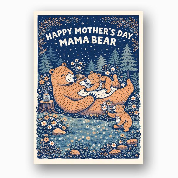 Happy Mothers Day Mama Bear Night Forest Starry Sky Instant Download 5X7 Greeting Template