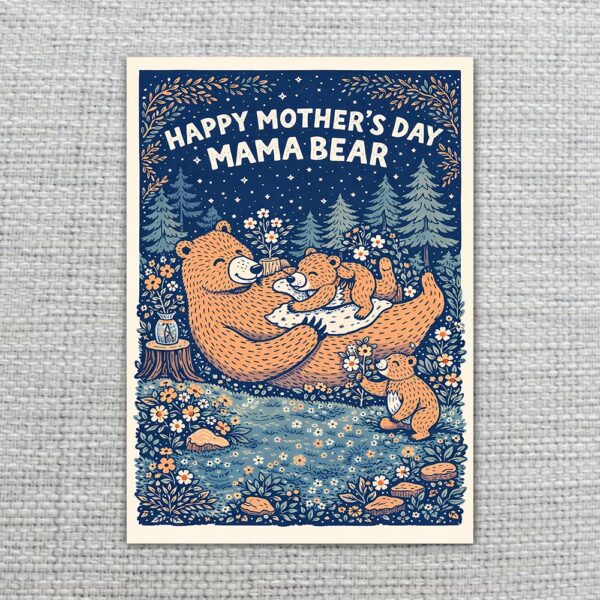 Happy Mothers Day Mama Bear Night Forest Starry Sky Instant Download 5X7 Greeting Template