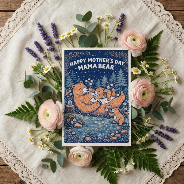 Happy Mothers Day Mama Bear Night Forest Starry Sky Instant Download 5X7 Greeting Template