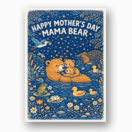 Happy Mothers Day Mama Bear River Fishing Scene Illustration High Resolution Printable Card