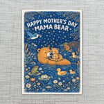 Happy Mothers Day Mama Bear River Fishing Scene Illustration High Resolution Printable Card