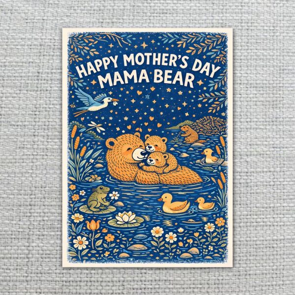 Happy Mothers Day Mama Bear River Fishing Scene Illustration High Resolution Printable Card