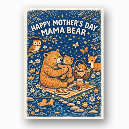 Happy Mothers Day Mama Bear Tea Party Woodland Illustration 5X7 Printable Digital Card