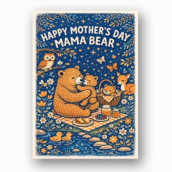Happy Mothers Day Mama Bear Tea Party Woodland Illustration 5X7 Printable Digital Card