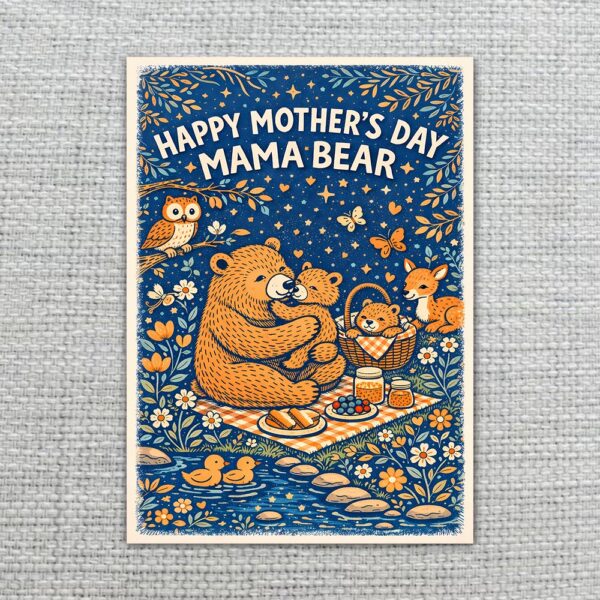 Happy Mothers Day Mama Bear Tea Party Woodland Illustration 5X7 Printable Digital Card