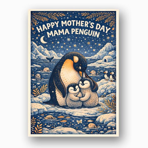 Happy Mothers Day Mama Penguin Family Iceberg Ocean Art Editable Pdf Greeting Download