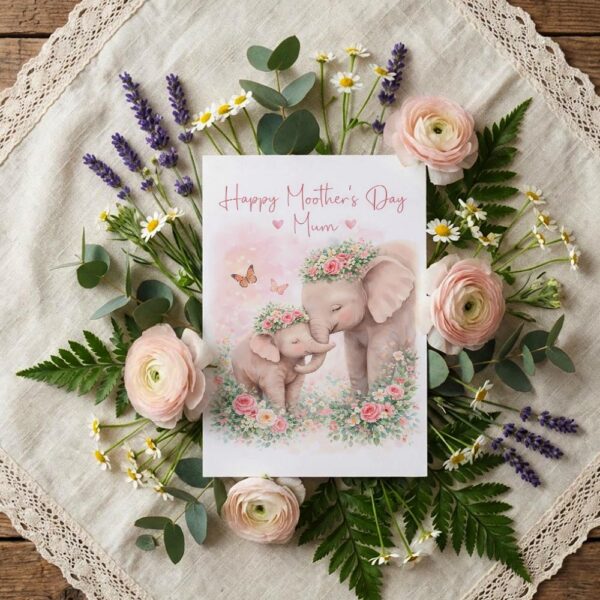 Happy Mothers Day Mum Elephant And Baby Calf Floral Art Professional 300 Dpi Download