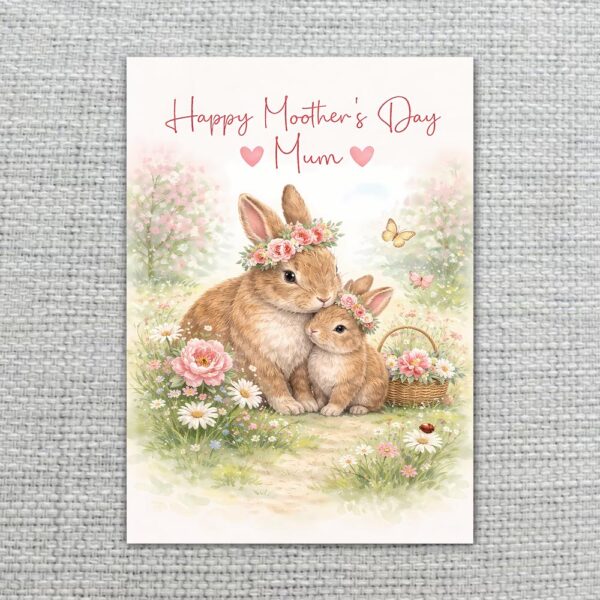 Happy Mothers Day Mum Rabbit Bunny Meadow Spring Illustration Home Office Printable Greeting