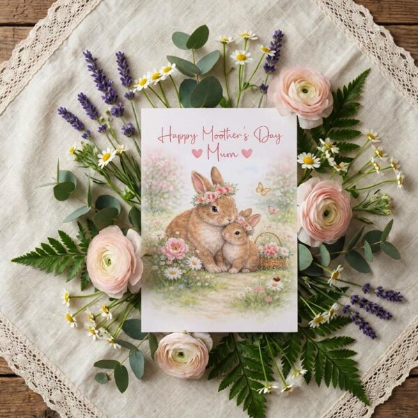 Happy Mothers Day Mum Rabbit Bunny Meadow Spring Illustration Home Office Printable Greeting