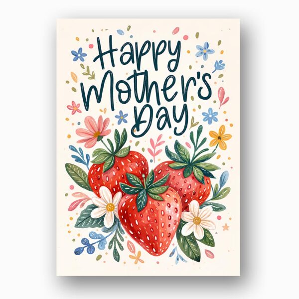 Happy Mothers Day Strawberry Floral Garden Illustration Instant Digital Download Card