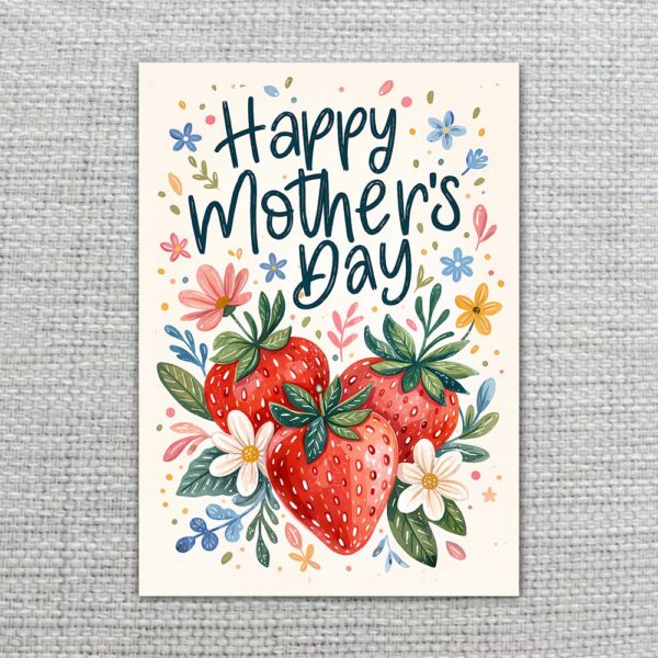 Happy Mothers Day Strawberry Floral Garden Illustration Instant Digital Download Card