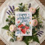 Happy Mothers Day Strawberry Floral Garden Illustration Instant Digital Download Card