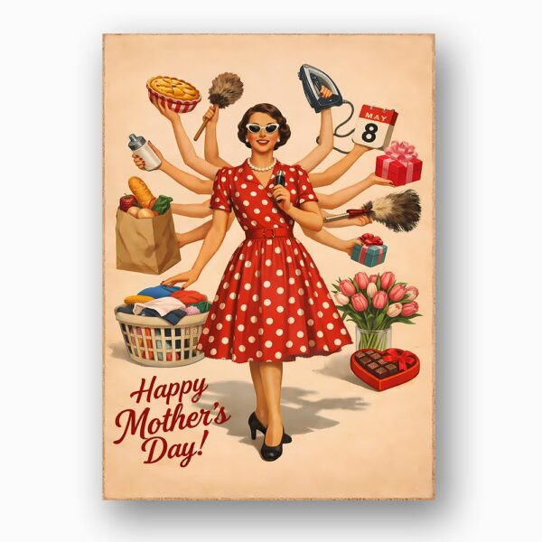 Happy Mothers Day Super Mom Red Polka Dot Multi Arm Retro Ready To Print Digital Card