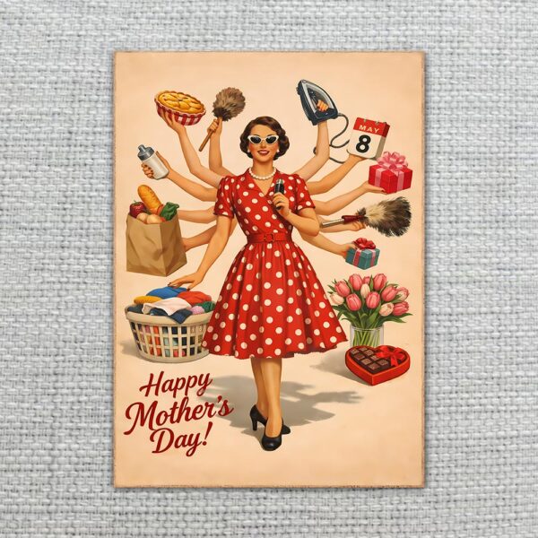 Happy Mothers Day Super Mom Red Polka Dot Multi Arm Retro Ready To Print Digital Card