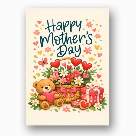 Happy Mothers Day Teddy Bear Basket Red Hearts Flowers Fully Editable Digital Download