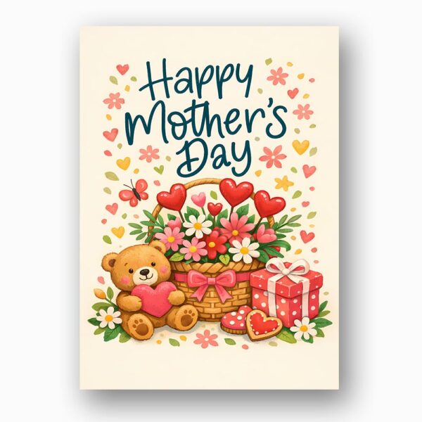 Happy Mothers Day Teddy Bear Basket Red Hearts Flowers Fully Editable Digital Download