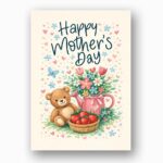 Happy Mothers Day Teddy Bear Flower Teapot Basket Art High Resolution Printable Card