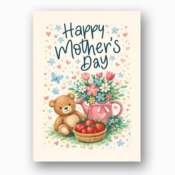 Happy Mothers Day Teddy Bear Flower Teapot Basket Art High Resolution Printable Card