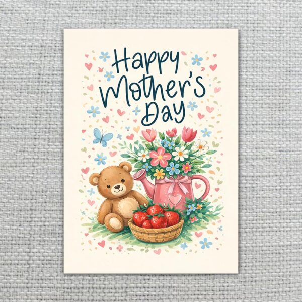 Happy Mothers Day Teddy Bear Flower Teapot Basket Art High Resolution Printable Card