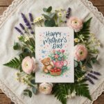 Happy Mothers Day Teddy Bear Flower Teapot Basket Art High Resolution Printable Card