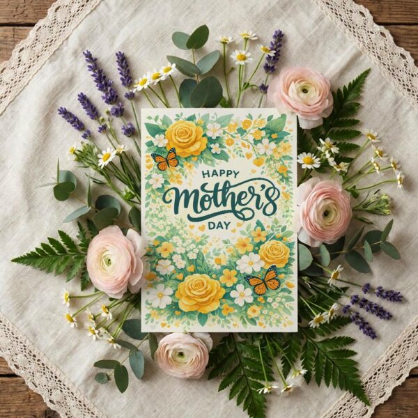 Happy Mothers Day Yellow Rose Floral Butterfly Garden Professional 300 Dpi Download