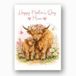 Highland Cow And Calf Happy Mothers Day Mum Floral Cow Art 5X7 Printable Digital Card