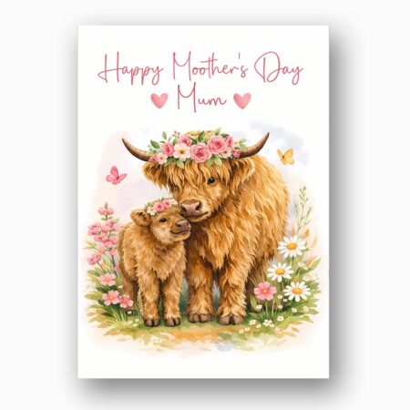 Highland Cow And Calf Happy Mothers Day Mum Floral Cow Art 5X7 Printable Digital Card
